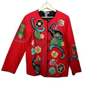 Indigo Moon Embroidered Maximalist Kimono Jacket Paisley Floral Toggles Red  S